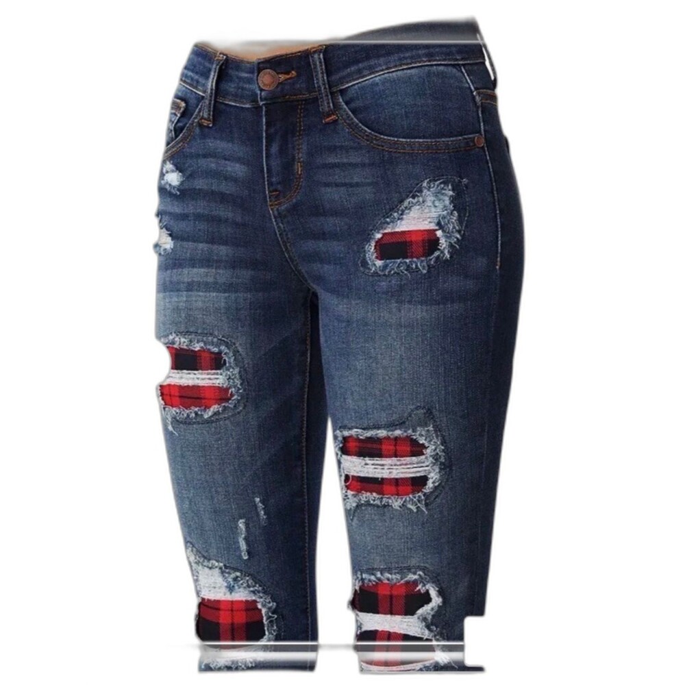 NWT Judy Blue Buffalo Plaid Patch Skinny Jeans Size 15/32 Stretch Distressed